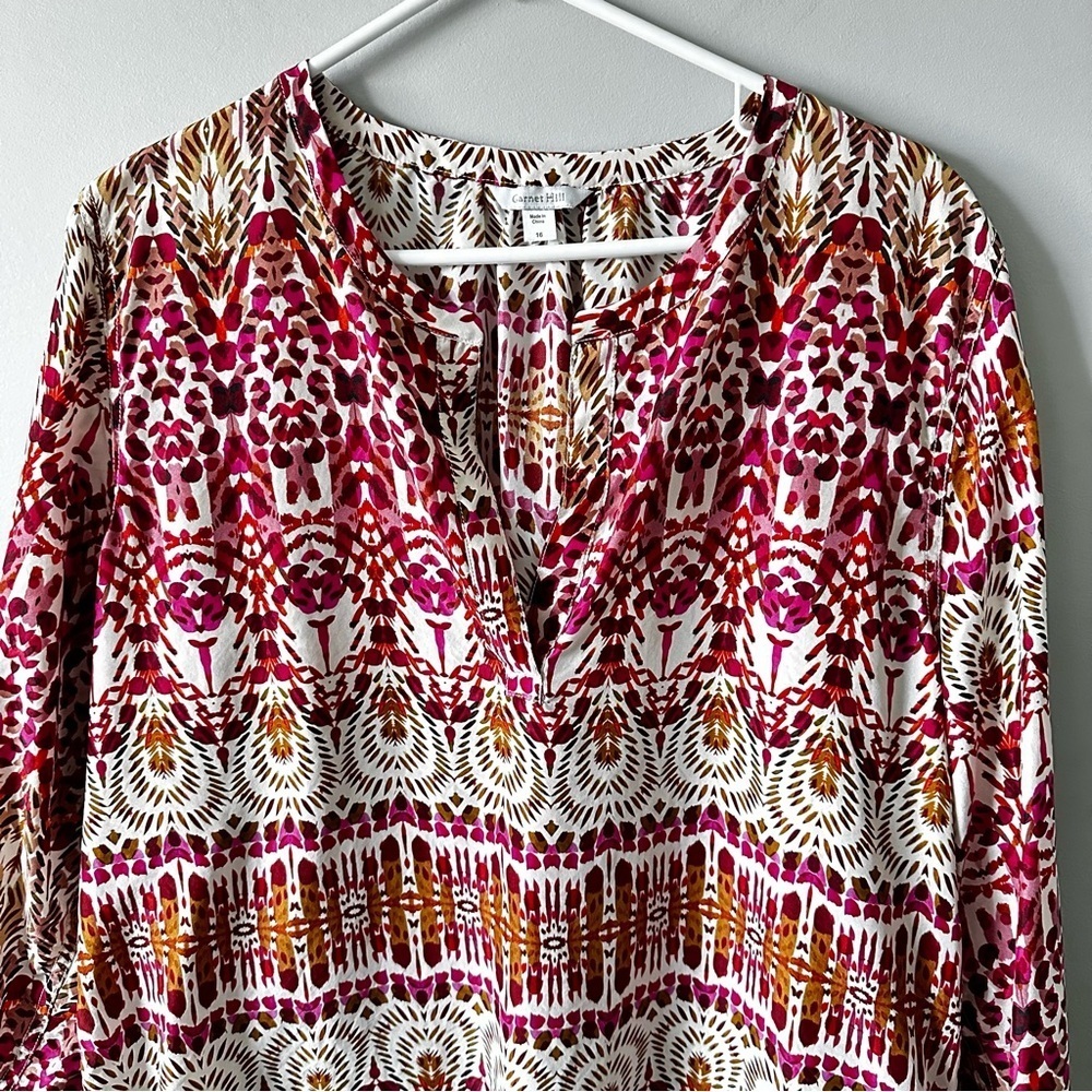 Garnet Hill 100% Silk Floral Green and Orange Ikat Women's Top Size 16 - Picture 9 of 13